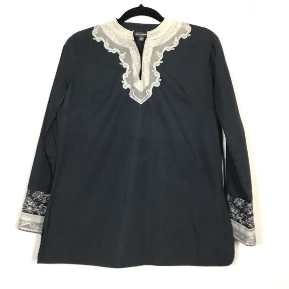 SOHO Compagnie Black Boho Bohemian Hippie Floral Embroidered Cotton Blouse M
